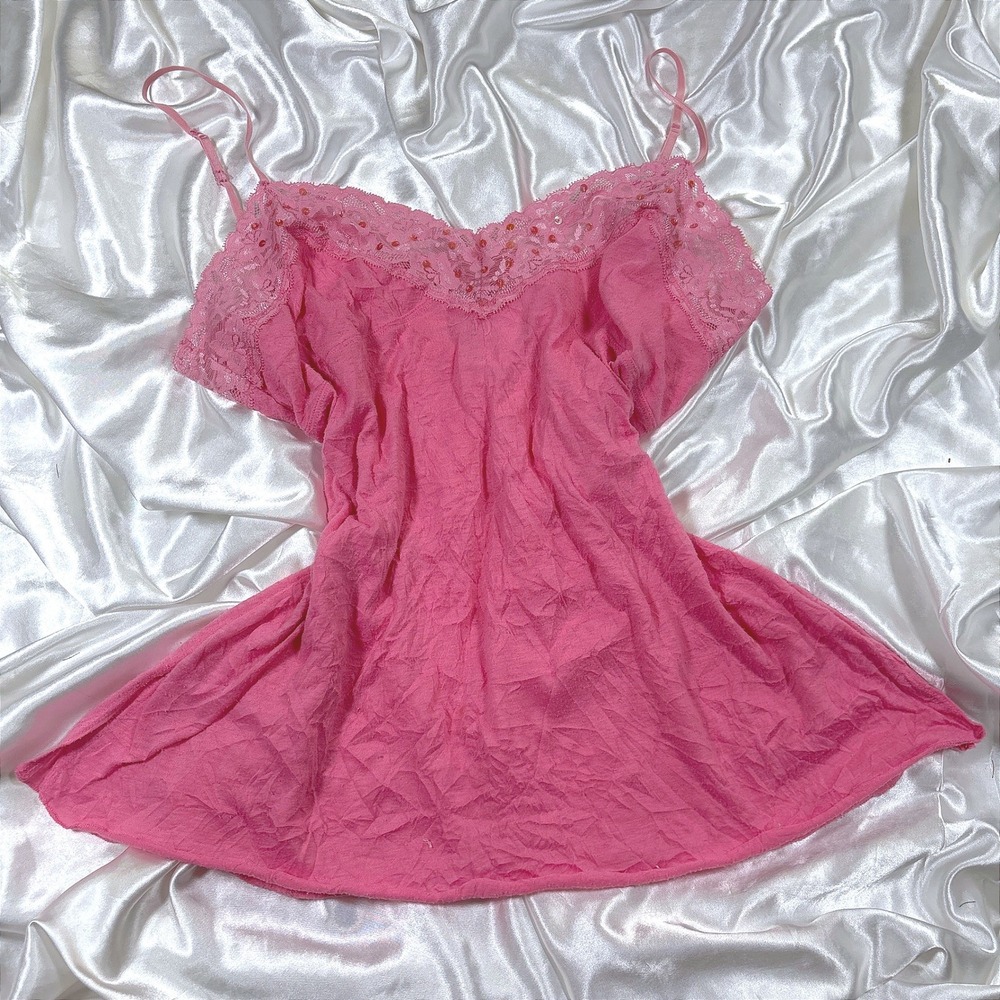y2k Camisole Pink Excellent Lace Sequin Trim Crinkle Texture Adjustable Straps